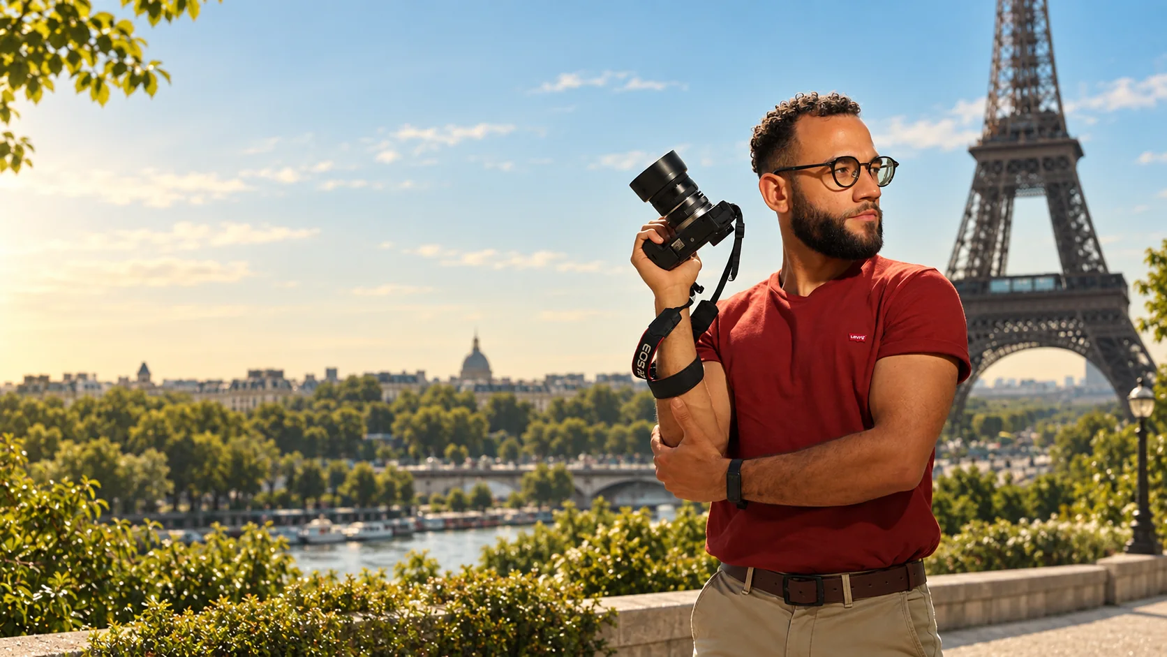Yago Solari com câmera em Paris, com a Torre Eiffel ao fundo
