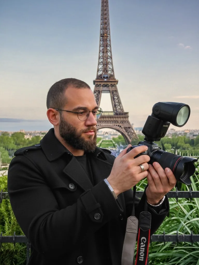 Yago Solari fotografando em Paris com a Torre Eiffel ao fundo